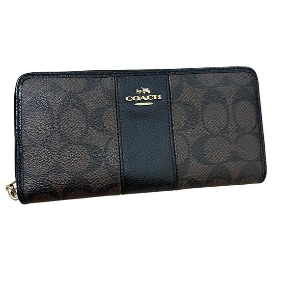 COACH SIGNATURE PVC LEATHER ACCORDION ZIP AROUND WALLET BROWN /BLACK - Picture 1 of 7